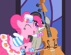Size: 400x310 | Tagged: safe, screencap, octavia melody, pinkie pie, g4, the best night ever, animated, cello, clothes, dress, duo, female, gala dress, musical instrument