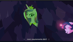 Size: 1279x750 | Tagged: safe, screencap, queen chrysalis, twilight sparkle, pony, unicorn, a canterlot wedding, g4, season 2, crystal caverns, disguise, disguised changeling, female, letterboxing, mare, unicorn twilight, youtube caption