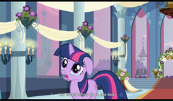 Size: 1277x746 | Tagged: safe, screencap, twilight sparkle, unicorn, a canterlot wedding, g4, candle, canterlot, carpet, castle, checkered floor, crying, female, flower, horn, letterboxing, mare, open mouth, pillar, plant, red carpet, window, youtube caption