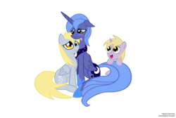 Size: 2608x1752 | Tagged: safe, artist:doctorraz, derpy hooves, dinky hooves, princess luna, pegasus, pony, unicorn, g4, cuddling, cute, female, filly, foal, lesbian, mare, s1 luna, ship:lunaderp, shipping, simple background, smiling, transparent background