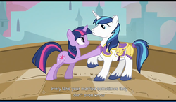 Size: 1279x747 | Tagged: safe, screencap, shining armor, twilight sparkle, pony, unicorn, a canterlot wedding, g4, female, male, mare, meme, stallion, youtube caption