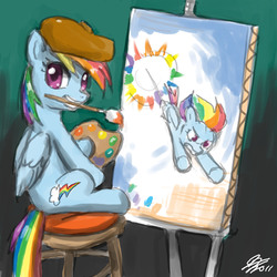 Size: 2400x2400 | Tagged: safe, artist:johnjoseco, rainbow dash, pegasus, pony, g4, brush, easel, female, high res, painting, solo, sonic rainboom