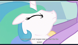 Size: 1279x749 | Tagged: safe, screencap, princess celestia, twilight sparkle, alicorn, pony, a canterlot wedding, g4, female, letterboxing, mare, offscreen character, solo focus, youtube caption