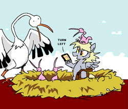 Size: 751x640 | Tagged: safe, artist:trackpad mcderp, derpy hooves, bird, pegasus, pony, g4, female, gps, mailbag, mare, nest