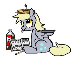 Size: 516x418 | Tagged: safe, artist:trackpad mcderp, derpy hooves, pegasus, pony, g4, book, female, mare, pencil, sandwich, soda, solo