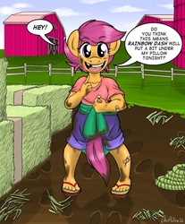 Size: 1024x1236 | Tagged: safe, artist:onipolice, scootaloo, anthro, plantigrade anthro, g4, confused, lost tooth, sandals, sweet apple acres, tooth