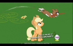 Size: 1680x1050 | Tagged: safe, screencap, applejack, winona, g4, may the best pet win, youtube caption