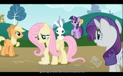 Size: 1680x1050 | Tagged: safe, screencap, angel bunny, applejack, fluttershy, owlowiscious, rarity, twilight sparkle, g4, may the best pet win, youtube caption