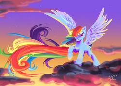 Size: 2100x1500 | Tagged: safe, artist:sage-of-winds, rainbow dash, pegasus, pony, g4, cloud, cutie mark, female, hair over one eye, long hair, long tail, looking at you, mare, multicolored hair, on a cloud, rainbow hair, raised hoof, signature, smiling, smiling at you, smirk, solo, spread wings, standing, standing on a cloud, stars, tail, wings
