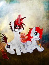 Size: 1944x2592 | Tagged: safe, artist:alinquilz, oc, oc only, oc:artisan, oc:cloudberry, oc:mocha, bird, pegasus, pony, unicorn, 2012, blue eyes, drink, facial hair, female, folded wings, glasses, goatee, horn, levitation, lying down, magic, magic aura, male, mare, prone, red eyes, sitting, stallion, straw, telekinesis, wings