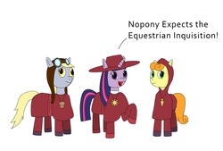 Size: 1111x749 | Tagged: safe, artist:diego havoc, carrot top, derpy hooves, golden harvest, twilight sparkle, pegasus, pony, g4, crossover, female, mare, monty python, monty python's flying circus, spanish inquisition