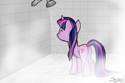 Size: 948x624 | Tagged: dead source, safe, artist:sierraex, twilight sparkle, pony, unicorn, g4, butt, female, mare, plot, shower, solo, wet, wet mane