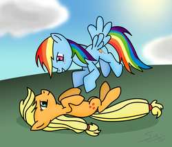 Size: 1493x1276 | Tagged: dead source, safe, artist:sierraex, applejack, rainbow dash, earth pony, pegasus, pony, g4, female, lesbian, lying down, lying on the ground, mare, ship:appledash, shipping