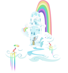 Size: 3845x4100 | Tagged: dead source, safe, artist:sierraex, g4, the return of harmony, building, cloud, cloud house, house, no pony, rainbow, rainbow dash's house, rainbow waterfall, simple background, transparent background, vector