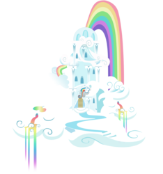 Size: 3845x4100 | Tagged: safe, artist:sierraex, g4, the return of harmony, building, cloud, cloud house, house, no pony, rainbow, rainbow dash's house, rainbow waterfall, simple background, transparent background, vector, wayback machine source