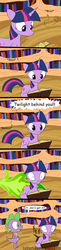 Size: 400x1644 | Tagged: safe, artist:loceri, spike, twilight sparkle, bee, g4, book, burned, burned butt, comic, dialogue, literal butthurt, ouch, pain, scorched, slice of life