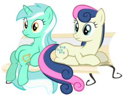 Size: 2507x1996 | Tagged: dead source, safe, artist:sierraex, bon bon, lyra heartstrings, sweetie drops, earth pony, pony, unicorn, g4, bench, duo, duo female, female, lying down, mare, prone, simple background, sitting, sitting lyra, transparent background, vector