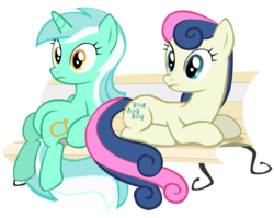 Size: 2507x1996 | Tagged: safe, artist:sierraex, bon bon, lyra heartstrings, sweetie drops, earth pony, pony, unicorn, g4, bench, duo, duo female, female, lying down, mare, prone, simple background, sitting, sitting lyra, transparent background, vector