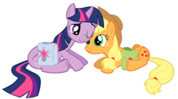 Size: 2667x1484 | Tagged: dead source, safe, artist:sierraex, applejack, twilight sparkle, earth pony, pony, unicorn, dragonshy, g4, female, lesbian, prone, saddle bag, ship:twijack, shipping, simple background, transparent background, vector