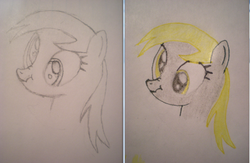 Size: 914x596 | Tagged: safe, derpy hooves, pegasus, pony, g4, before and after, female, mare, scrunchy face, solo, traditional art