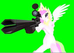 Size: 580x419 | Tagged: safe, artist:mariokidd319, princess celestia, alicorn, anthro, g4, female, green background, green screen, gun, horn, lime background, optical sight, rifle, simple background, sniper, sniper (tf2), sniper rifle, solo, spread wings, team fortress 2, weapon, wings