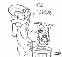 Size: 800x733 | Tagged: safe, artist:johnjoseco, lily, lily valley, earth pony, pony, g4, courage the cowardly dog, crossover, grayscale, monochrome, the horror