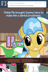 Size: 600x900 | Tagged: safe, artist:adiwan, doctor fauna, gummy, pinkie pie, alligator, reptile, ask the vet pony, g4, ask, comic, false teeth, prosthetics, teeth, tumblr