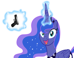 Size: 1050x825 | Tagged: safe, artist:equestria-prevails, edit, princess luna, alicorn, pony, g4, delet this, female, gun, happy, magic, mare, open mouth, simple background, smiling, solo, telekinesis, weapon, white background