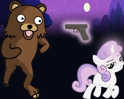 Size: 3000x2400 | Tagged: safe, sweetie belle, pony, unicorn, g4, denied, female, filly, foal, glock, gun, high res, palindrome get, pedobear, pistol, revenge