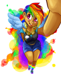 Size: 500x600 | Tagged: dead source, safe, artist:ewreapples, rainbow dash, human, g4, clothes, dark skin, humanized, winged humanization