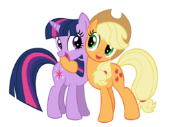 Size: 4000x2936 | Tagged: safe, artist:azure-vortex, applejack, twilight sparkle, g4, eye contact, high res, hug, open mouth, simple background, smiling, transparent background, vector