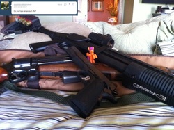 Size: 500x373 | Tagged: safe, scootaloo, g4, gun, handgun, shotgun, weapon