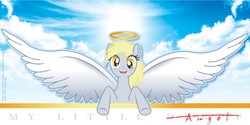 Size: 2540x1270 | Tagged: safe, artist:bunnyfriend, derpy hooves, angel, pegasus, pony, g4, beautiful, cute, derpy is an angel, derpygate, female, halo, hnnng, mare, smiling, solo, sweet dreams fuel