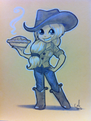 Size: 765x1024 | Tagged: safe, artist:amy mebberson, applejack, human, g4, applejack's hat, boots, cowboy boots, cowboy hat, female, hat, humanized, pie, solo