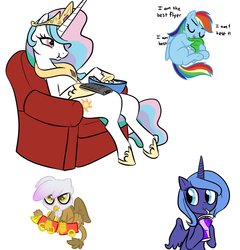 Size: 840x874 | Tagged: safe, artist:furseiseki, gilda, princess celestia, princess luna, rainbow dash, griffon, g4, blanket, couch, cute, juice, parody, popcorn, s1 luna, the powerpuff girls, toy train