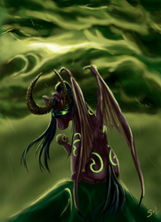 Size: 1205x1667 | Tagged: safe, artist:mugi-hamster, demon, pony, bat wings, blindfold, cloud, crossover, glowing eyes, hoof hold, horns, illidan stormrage, looking at you, looking back, ponified, rain, sitting, spread wings, tattoo, warcraft, world of warcraft