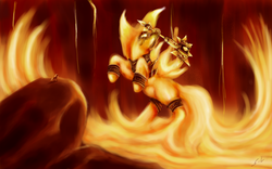 Size: 1920x1200 | Tagged: safe, artist:mugi-hamster, pony, armor, crossover, fire, giant pony, glowing eyes, hammer, mace, macro, mouth hold, ponified, ragnaros, rearing, solo focus, sulfuras, sulfuron, warcraft, weapon, world of warcraft