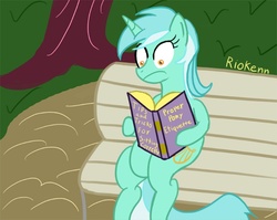 Size: 700x557 | Tagged: dead source, safe, artist:riokenng3, lyra heartstrings, pony, unicorn, g4, bench, book, female, frown, lyra is not amused, reading, shrunken pupils, sitting, sitting lyra, solo, unamused, wide eyes