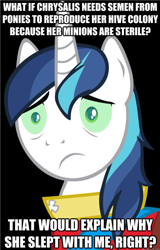 Size: 626x979 | Tagged: safe, queen chrysalis, shining armor, pony, unicorn, g4, conspiracy shining armor, exploitable meme, male, meme, stallion