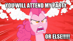 Size: 1280x717 | Tagged: safe, edit, edited screencap, screencap, pinkie pie, earth pony, pony, g4, the last roundup, bust, caption, ear steam, female, mare, party, solo, text