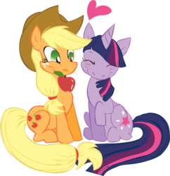 Size: 1196x1236 | Tagged: safe, artist:shelltoon, applejack, twilight sparkle, earth pony, pony, unicorn, g4, apple, blushing, female, lesbian, mare, mouth hold, ship:twijack, shipping, simple background, sitting, transparent background, unicorn twilight