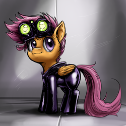 Size: 800x800 | Tagged: safe, artist:aphexangel, scootaloo, pony, ask stalkerloo, g4, clothes, cute, female, latex, solo, stalkerloo