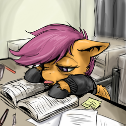 Size: 650x650 | Tagged: safe, artist:aphexangel, scootaloo, ask stalkerloo, g4, book, hooves, stalkerloo, table, unshorn fetlocks