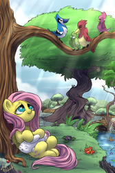 Size: 900x1350 | Tagged: safe, artist:atryl, angel bunny, fluttershy, bird, g4, cute, flower, fluffy, grass, looking up, river, scenery, shyabetes, sky, tree, water