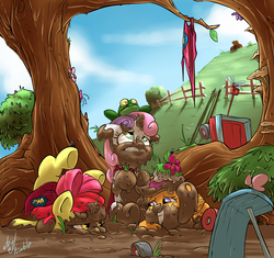 Size: 959x900 | Tagged: safe, artist:atryl, apple bloom, scootaloo, sweetie belle, earth pony, frog, pegasus, pony, unicorn, g4, cutie mark crusaders, faceplant, female, filly, messy, mud, scooter, tree, tree sap and pine needles, wagon