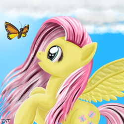 Size: 1000x1000 | Tagged: dead source, safe, artist:denial-is-tragic, fluttershy, butterfly, pegasus, pony, g4, cloud, female, solo