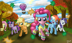 Size: 5000x3000 | Tagged: dead source, safe, artist:denial-is-tragic, applejack, fluttershy, pinkie pie, rainbow dash, rarity, spike, twilight sparkle, earth pony, pegasus, pony, unicorn, g4, hot air balloon, mane seven, mane six, running of the leaves, unicorn twilight