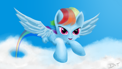 Size: 1280x720 | Tagged: dead source, safe, artist:denial-is-tragic, rainbow dash, pegasus, pony, g4, cloud, female, flying, solo