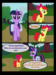 Size: 760x1020 | Tagged: safe, artist:template93, apple bloom, twilight sparkle, earth pony, pony, unicorn, comic:story of the blanks (template93), story of the blanks, g4, bag, color, comic, day, dialogue, female, filly, foal, mare, outdoors, saddle bag, unicorn twilight