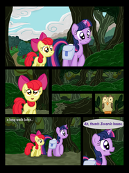 Size: 760x1020 | Tagged: safe, artist:template93, apple bloom, owlowiscious, twilight sparkle, bird, earth pony, owl, pony, comic:story of the blanks (template93), story of the blanks, g4, bag, color, comic, dialogue, duo, everfree forest, female, filly, foal, mare, outdoors, saddle bag, speech bubble